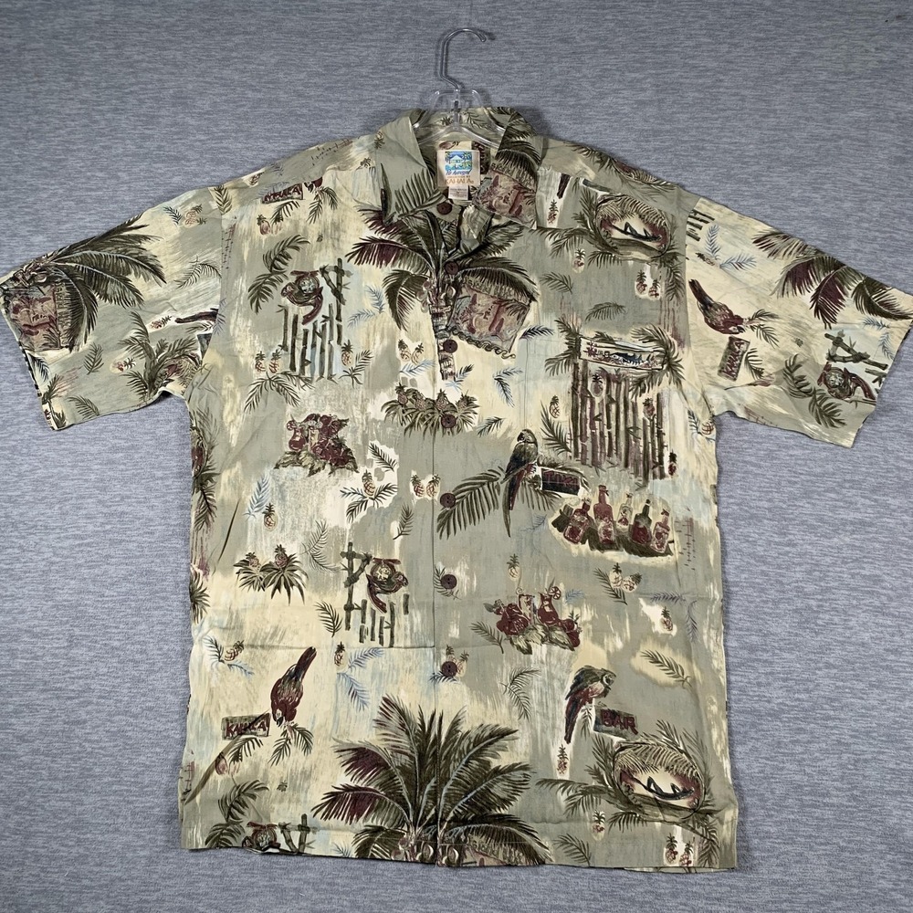 Kahala Shirt Mens Small Green Hawaiian Tiki Bar Parrot Print Aloha Pat Andersen
